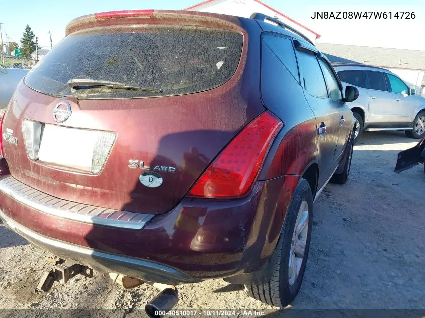 2007 Nissan Murano Sl VIN: JN8AZ08W47W614726 Lot: 40510017