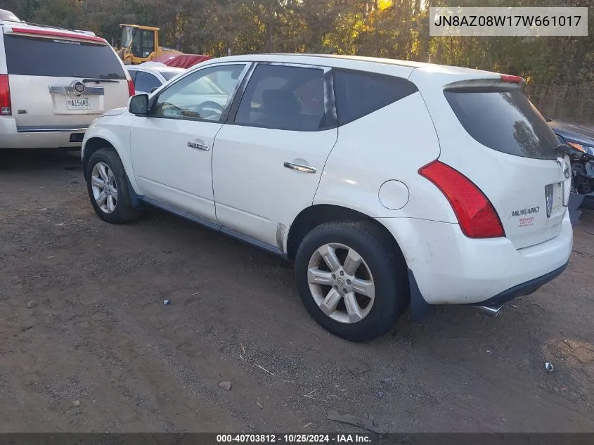 2007 Nissan Murano S VIN: JN8AZ08W17W661017 Lot: 40703812