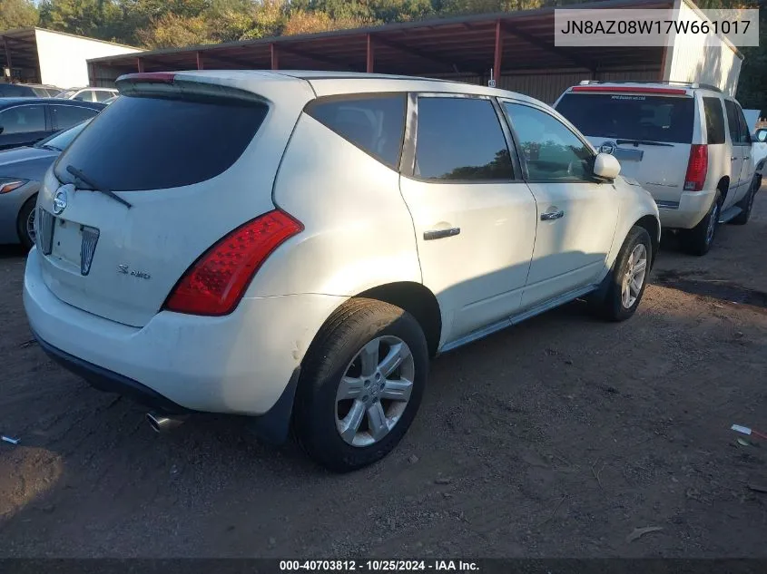 2007 Nissan Murano S VIN: JN8AZ08W17W661017 Lot: 40703812