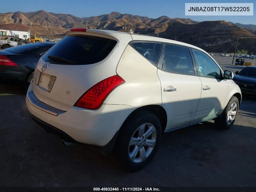 2007 Nissan Murano S VIN: JN8AZ08T17W522205 Lot: 40832440