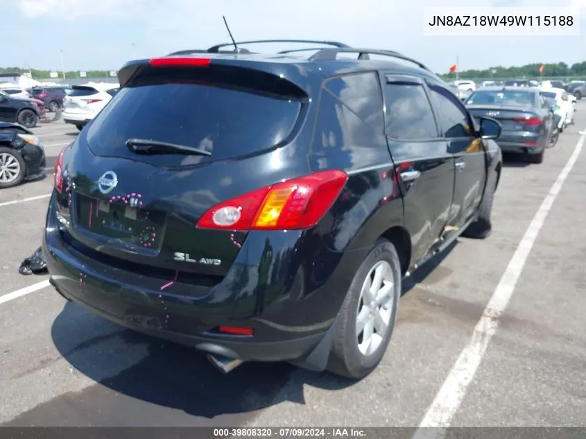 2009 Nissan Murano Sl VIN: JN8AZ18W49W115188 Lot: 39808320