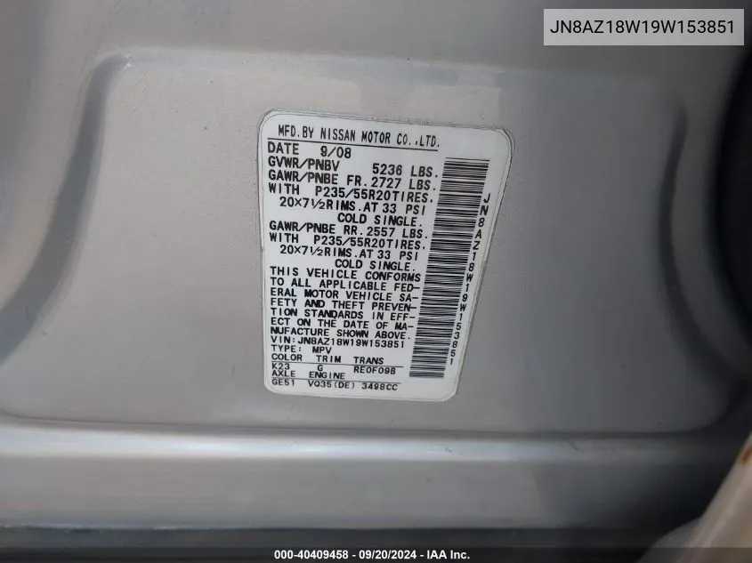 JN8AZ18W19W153851 2009 Nissan Murano Le