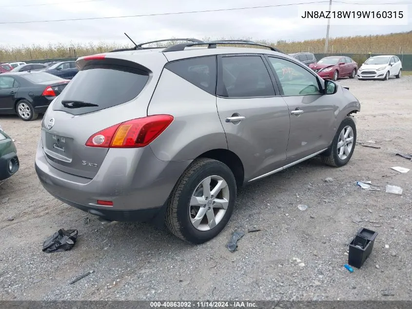 2009 Nissan Murano S VIN: JN8AZ18W19W160315 Lot: 40863092