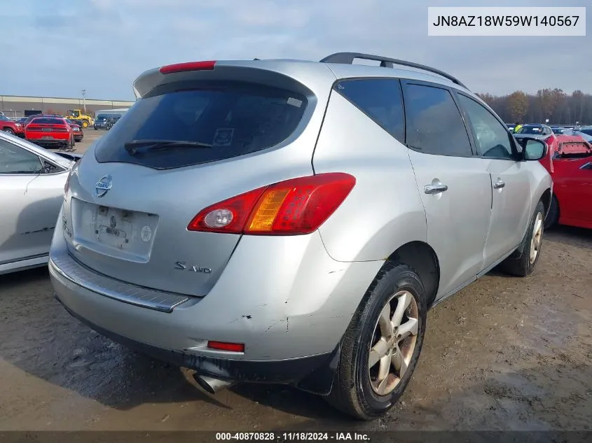 2009 Nissan Murano S VIN: JN8AZ18W59W140567 Lot: 40870828