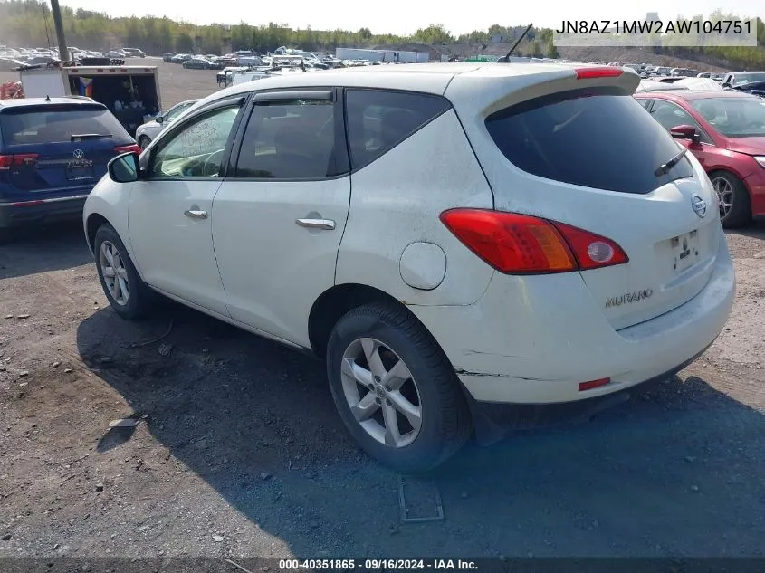 2010 Nissan Murano S VIN: JN8AZ1MW2AW104751 Lot: 40351865