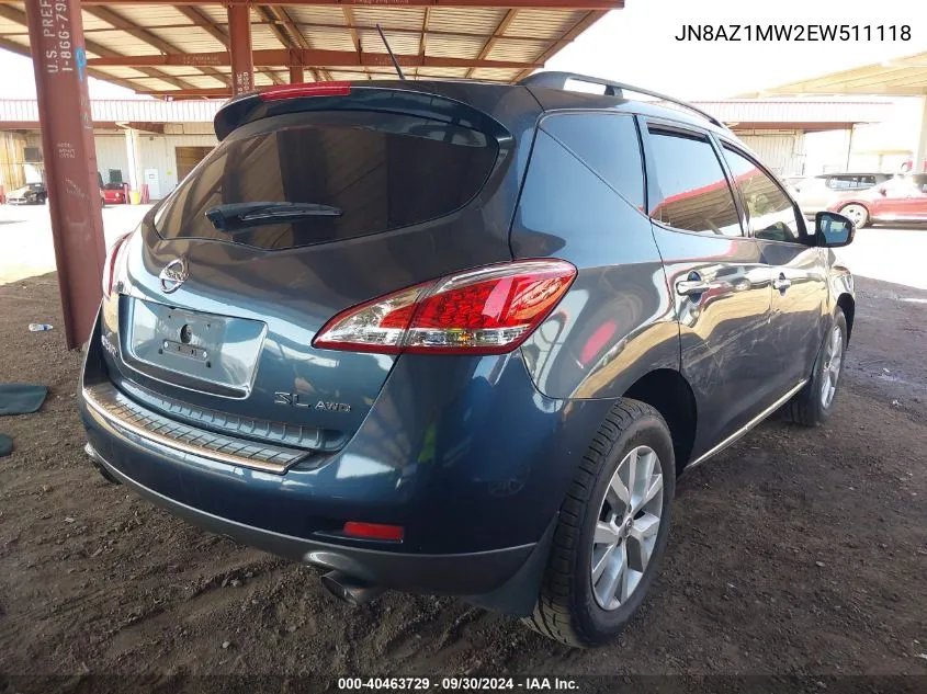 2014 Nissan Murano S/Sl/Sv/Le VIN: JN8AZ1MW2EW511118 Lot: 40463729