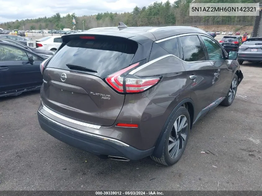 2016 Nissan Murano Platinum VIN: 5N1AZ2MH6GN142321 Lot: 39339012