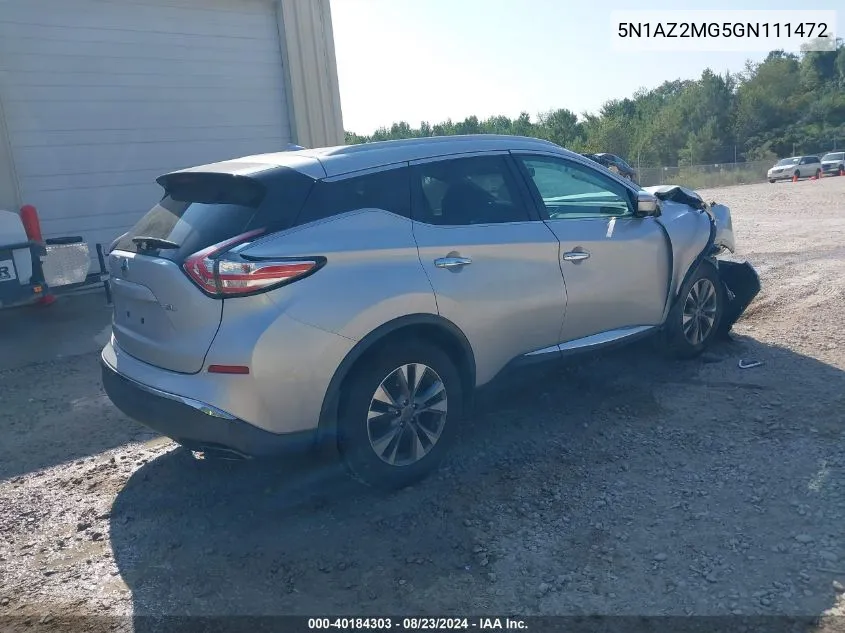 2016 Nissan Murano Sl VIN: 5N1AZ2MG5GN111472 Lot: 40184303