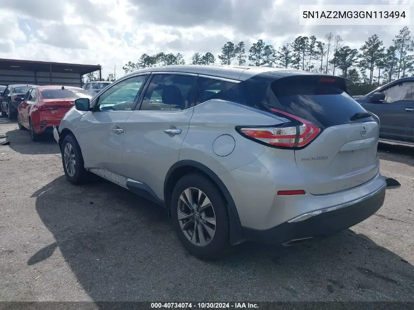 2016 Nissan Murano S VIN: 5N1AZ2MG3GN113494 Lot: 40734074