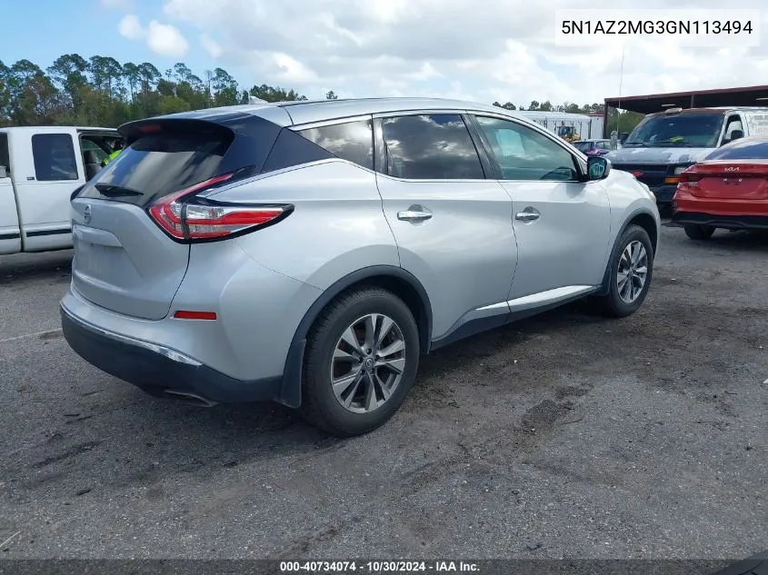 2016 Nissan Murano S VIN: 5N1AZ2MG3GN113494 Lot: 40734074