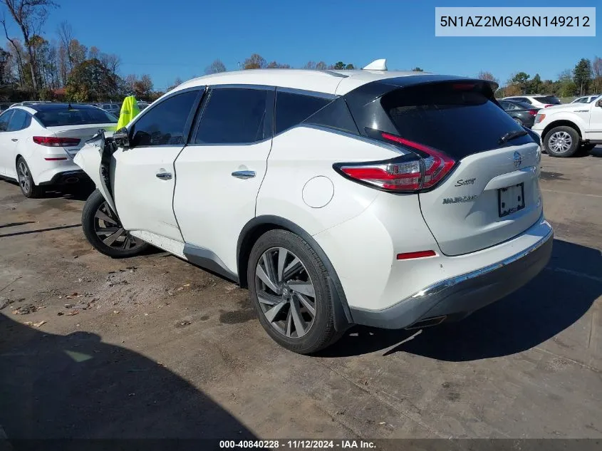 2016 Nissan Murano Platinum VIN: 5N1AZ2MG4GN149212 Lot: 40840228