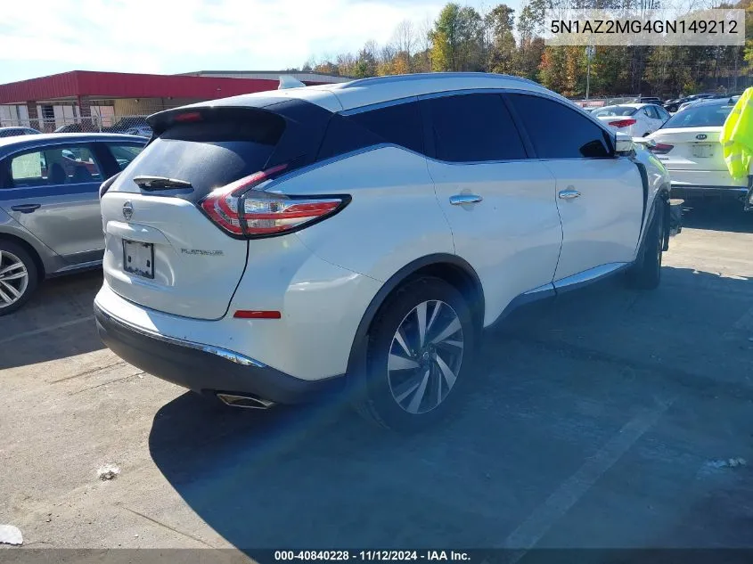 2016 Nissan Murano Platinum VIN: 5N1AZ2MG4GN149212 Lot: 40840228