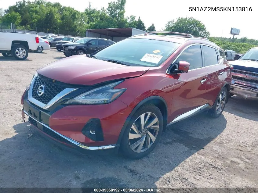 2019 Nissan Murano Sl VIN: 5N1AZ2MS5KN153816 Lot: 39358192