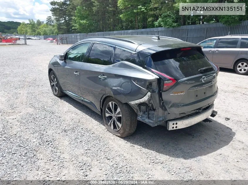 2019 Nissan Murano Sv VIN: 5N1AZ2MSXKN135151 Lot: 39462538