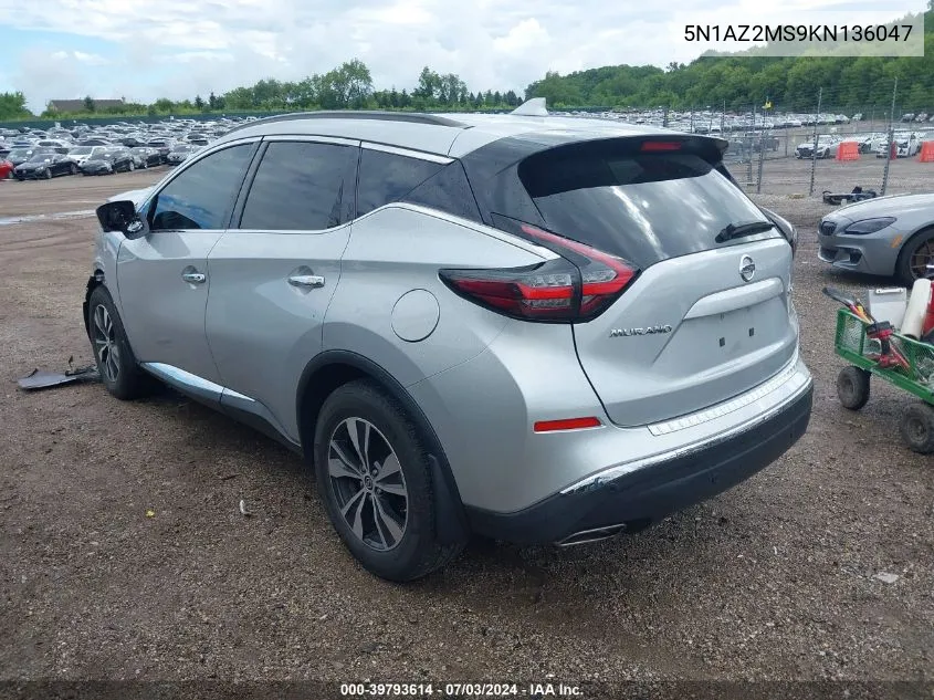 2019 Nissan Murano Sv VIN: 5N1AZ2MS9KN136047 Lot: 39793614