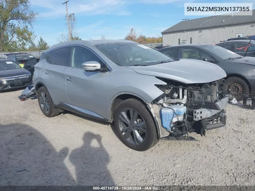 5N1AZ2MS3KN137355 2019 Nissan Murano Platinum