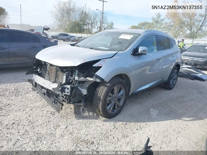 5N1AZ2MS3KN137355 2019 Nissan Murano Platinum