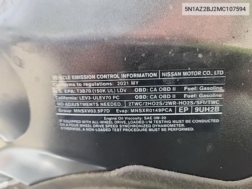 5N1AZ2BJ2MC107594 2021 Nissan Murano Sv