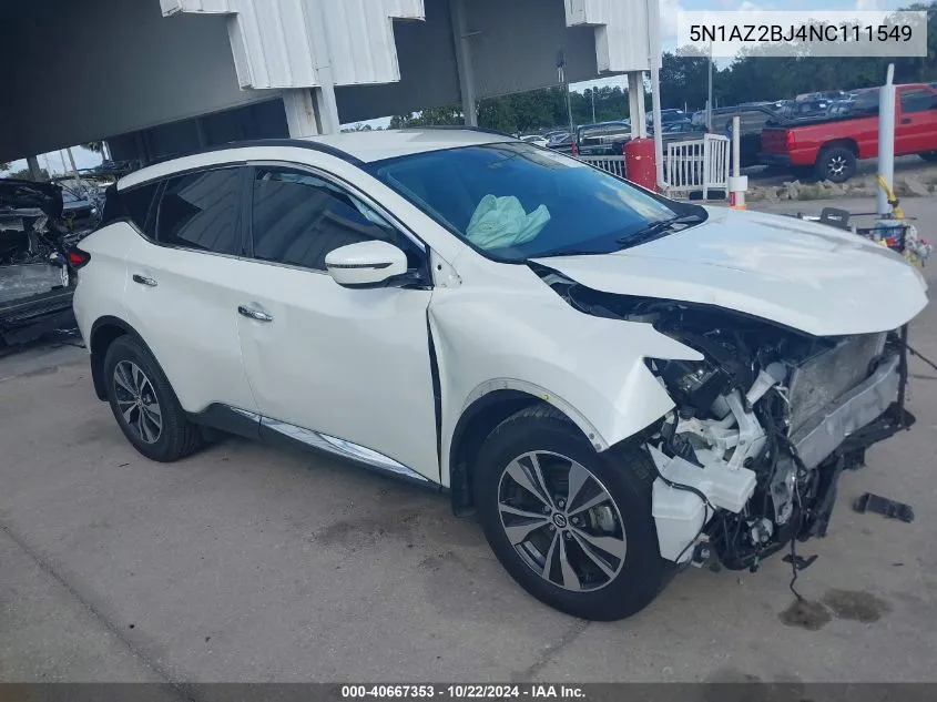 2022 Nissan Murano Sv Fwd VIN: 5N1AZ2BJ4NC111549 Lot: 40667353