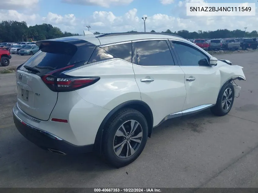 2022 Nissan Murano Sv Fwd VIN: 5N1AZ2BJ4NC111549 Lot: 40667353