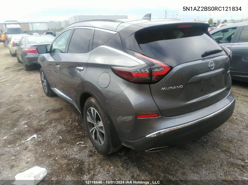 2024 Nissan Murano Sv VIN: 5N1AZ2BS0RC121834 Lot: 12116646