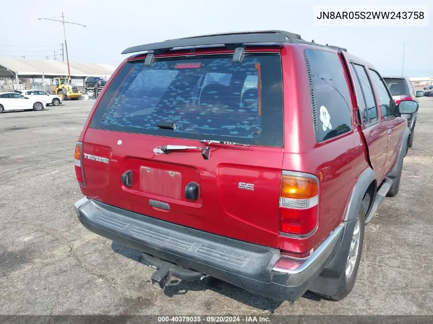 1998 Nissan Pathfinder Le/Xe VIN: JN8AR05S2WW243758 Lot: 40379035