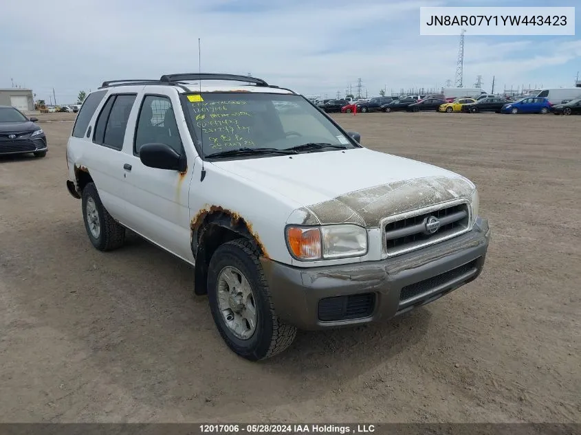 2000 Nissan Pathfinder VIN: JN8AR07Y1YW443423 Lot: 12017006