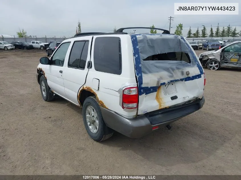 2000 Nissan Pathfinder VIN: JN8AR07Y1YW443423 Lot: 12017006