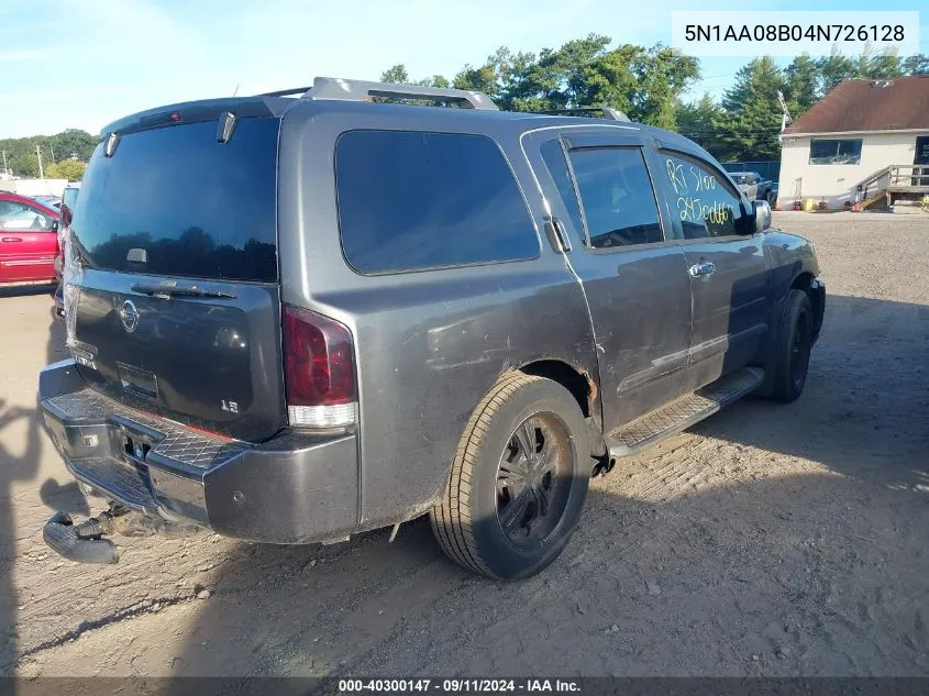 2004 Nissan Pathfinder Armada Le VIN: 5N1AA08B04N726128 Lot: 40300147