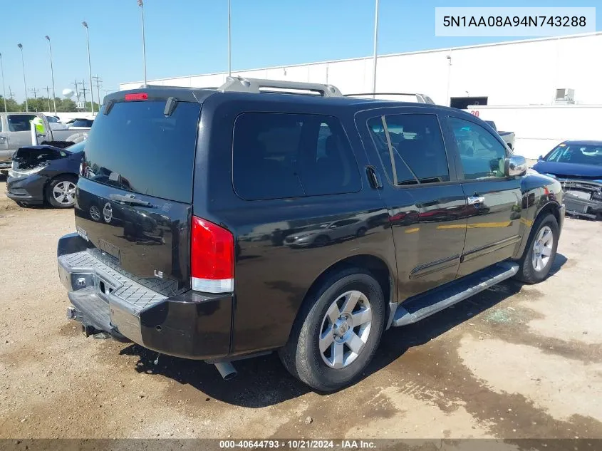 2004 Nissan Pathfinder Armada Le VIN: 5N1AA08A94N743288 Lot: 40644793