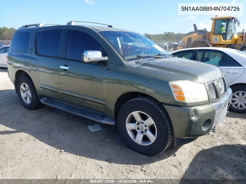 2004 Nissan Pathfinder Armada Se VIN: 5N1AA08B94N704726 Lot: 40731226