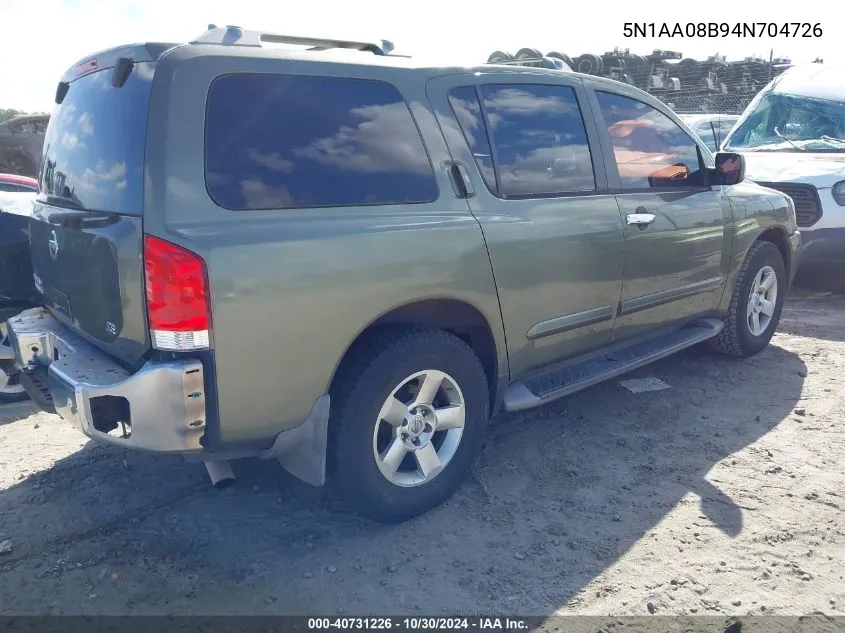 2004 Nissan Pathfinder Armada Se VIN: 5N1AA08B94N704726 Lot: 40731226