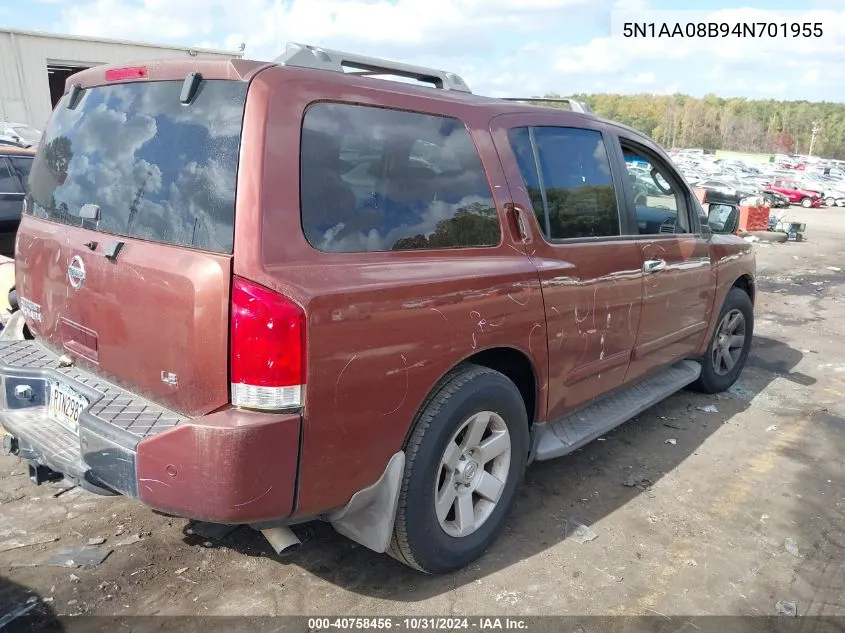 2004 Nissan Pathfinder Armada Le VIN: 5N1AA08B94N701955 Lot: 40758456