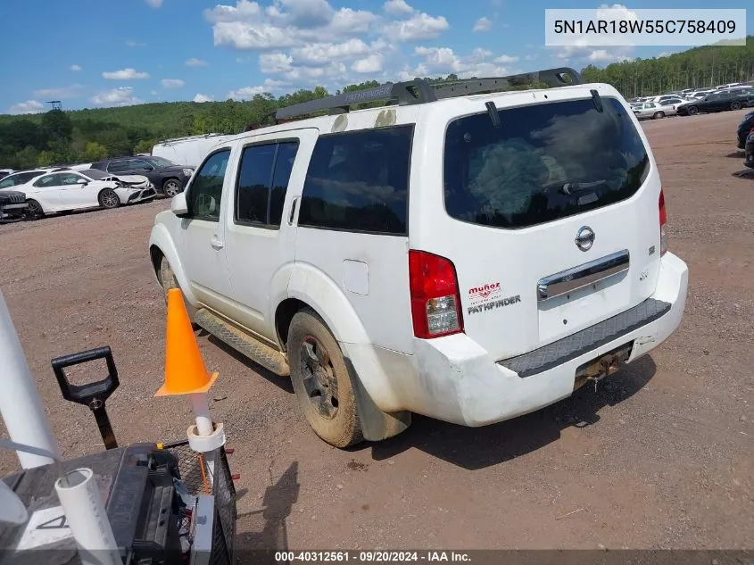 2005 Nissan Pathfinder Se VIN: 5N1AR18W55C758409 Lot: 40312561