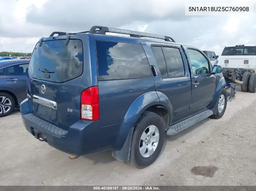 2005 Nissan Pathfinder Se VIN: 5N1AR18U25C760908 Lot: 40389187