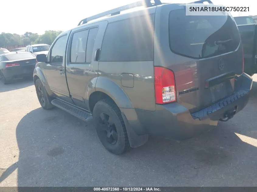 2005 Nissan Pathfinder Se VIN: 5N1AR18U45C750221 Lot: 40572360