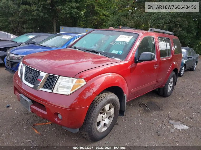 2006 Nissan Pathfinder S VIN: 5N1AR18W76C643456 Lot: 40392397