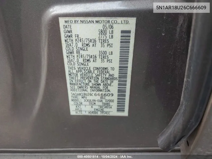 5N1AR18U26C666609 2006 Nissan Pathfinder S