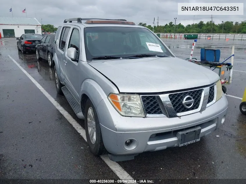 2007 Nissan Pathfinder Le VIN: 5N1AR18U47C643351 Lot: 40256300