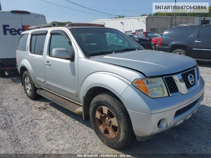 2007 Nissan Pathfinder Se VIN: 5N1AR18W47C643884 Lot: 40306105