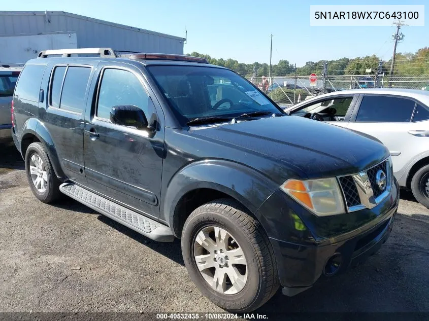 2007 Nissan Pathfinder Le VIN: 5N1AR18WX7C643100 Lot: 40532435