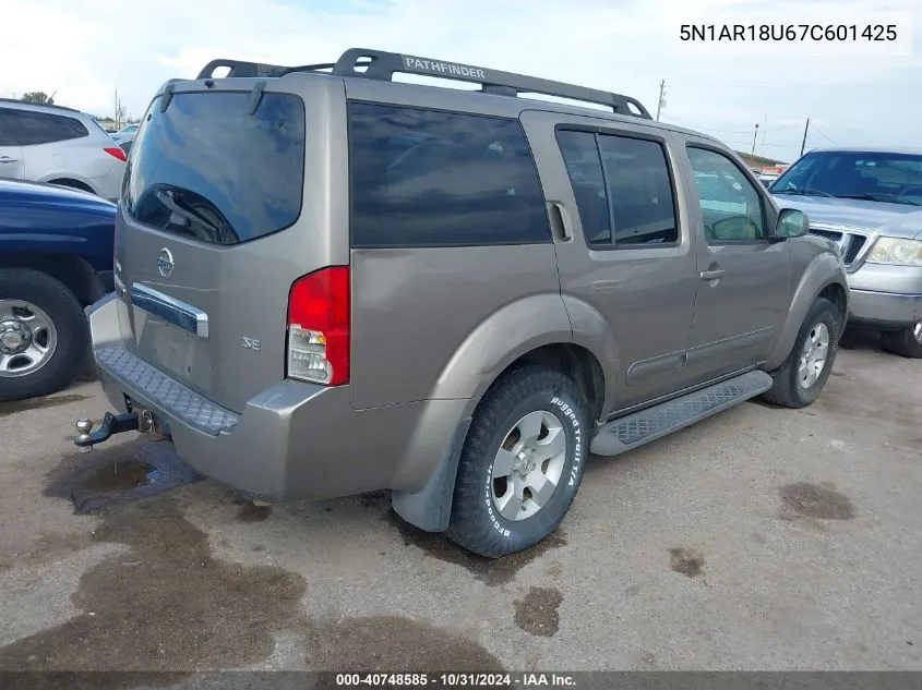 2007 Nissan Pathfinder Se VIN: 5N1AR18U67C601425 Lot: 40748585