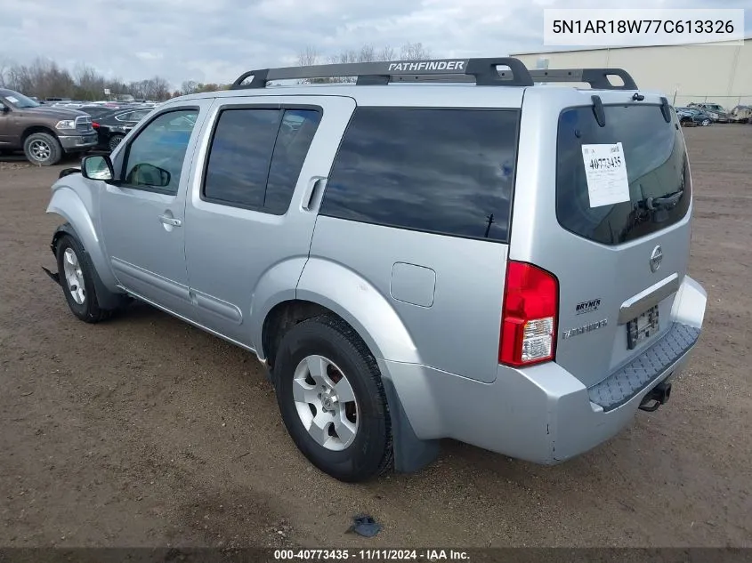 2007 Nissan Pathfinder S VIN: 5N1AR18W77C613326 Lot: 40773435