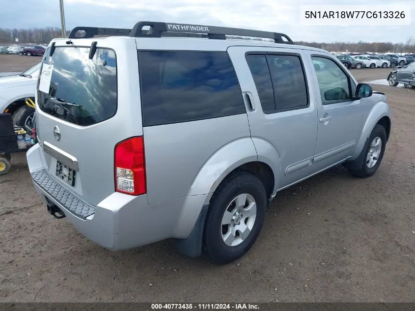 2007 Nissan Pathfinder S VIN: 5N1AR18W77C613326 Lot: 40773435