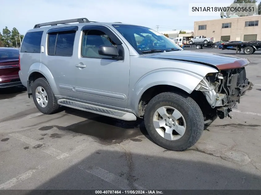 2007 Nissan Pathfinder S VIN: 5N1AR18W07C605651 Lot: 40787464