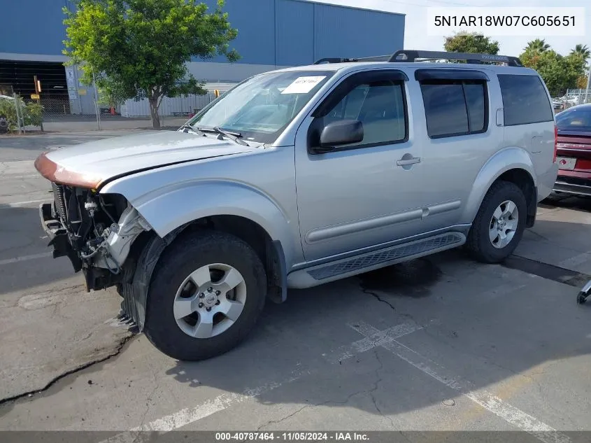 2007 Nissan Pathfinder S VIN: 5N1AR18W07C605651 Lot: 40787464