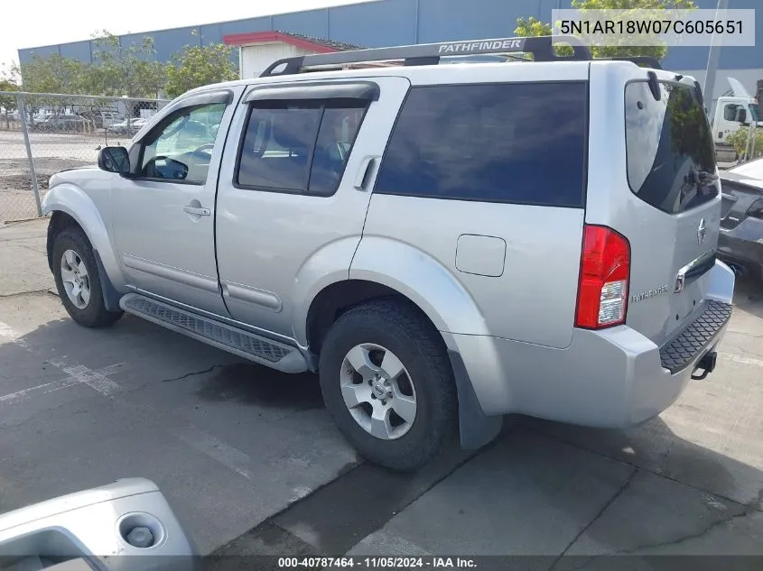 2007 Nissan Pathfinder S VIN: 5N1AR18W07C605651 Lot: 40787464