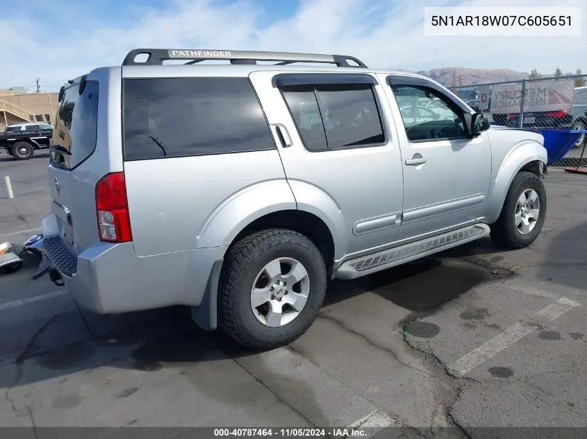 2007 Nissan Pathfinder S VIN: 5N1AR18W07C605651 Lot: 40787464