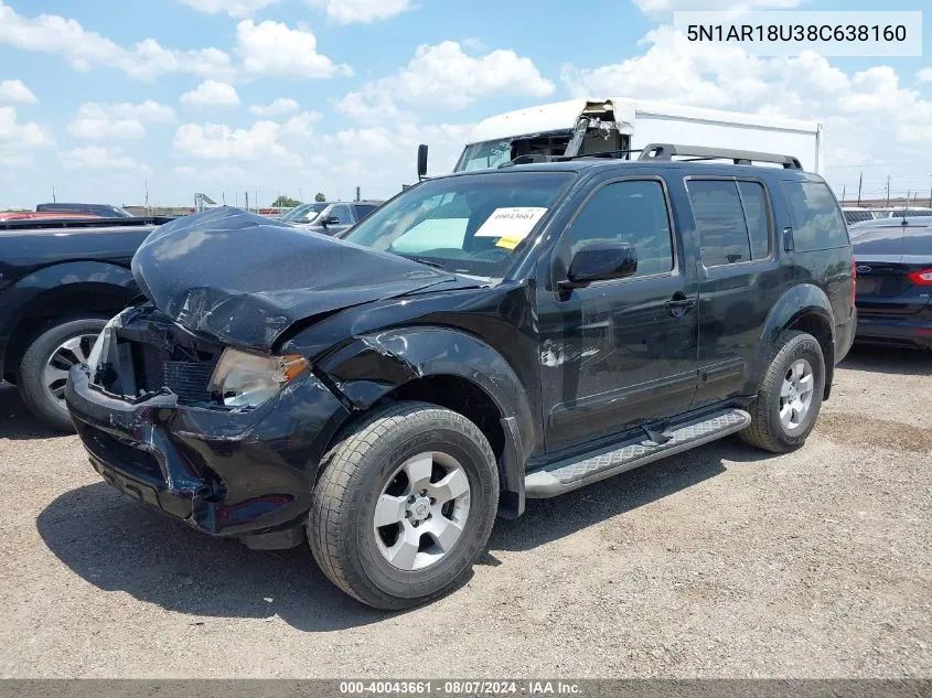 2008 Nissan Pathfinder Se VIN: 5N1AR18U38C638160 Lot: 40043661