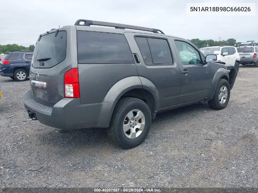 2008 Nissan Pathfinder S VIN: 5N1AR18B98C666026 Lot: 40207557